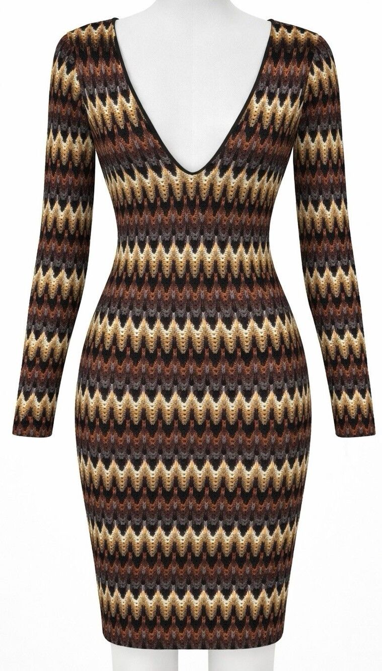 Gibiu Neutral Tones Chevron 2XL Bodycon Dress Long Sleeve V-Neck Midi Stretch